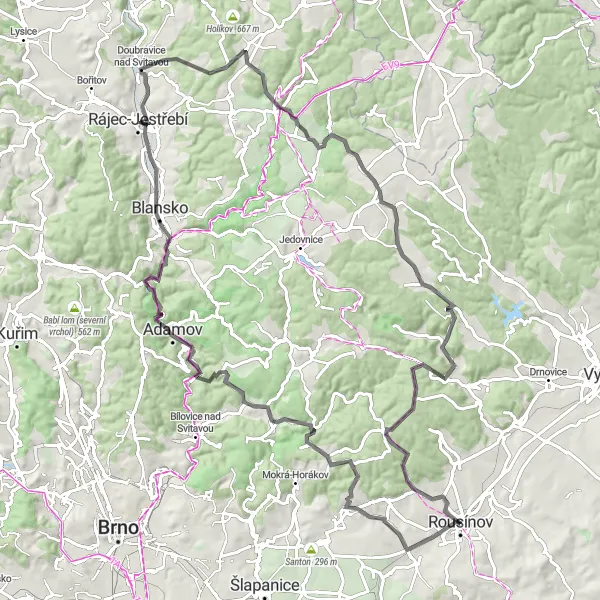 Mapa miniatúra "Náročný road biking kolem Rousínova" cyklistická inšpirácia v Jihovýchod, Czech Republic. Vygenerované cyklistickým plánovačom trás Tarmacs.app
