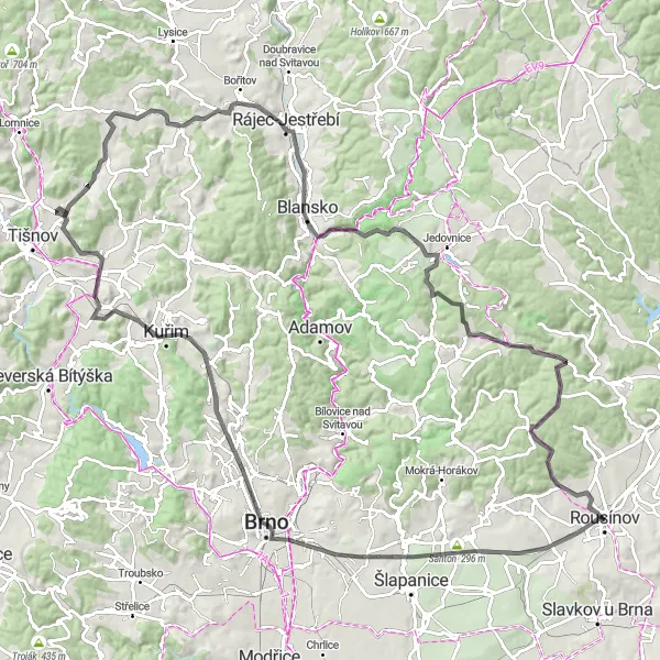 Mapa miniatúra "Výzva 110 km road biking kolem Rousínova" cyklistická inšpirácia v Jihovýchod, Czech Republic. Vygenerované cyklistickým plánovačom trás Tarmacs.app