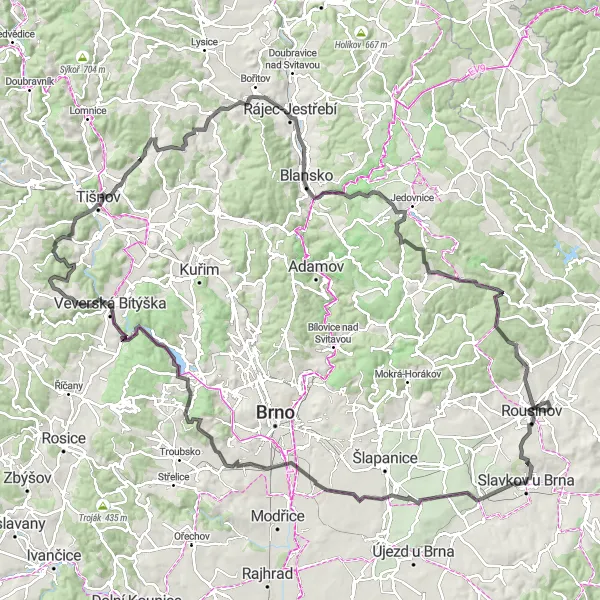 Miniaturní mapa "Okruh přes Veverskou Bítýšku a Blansko" inspirace pro cyklisty v oblasti Jihovýchod, Czech Republic. Vytvořeno pomocí plánovače tras Tarmacs.app