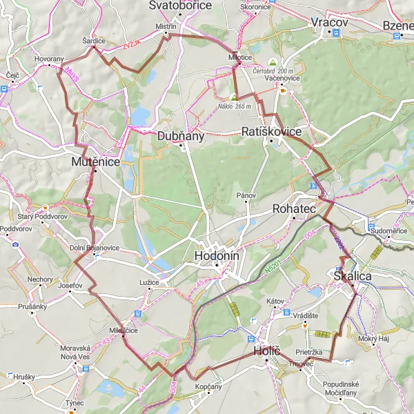 Map miniature of "Milotice to Mikulčice Gravel Route" cycling inspiration in Jihovýchod, Czech Republic. Generated by Tarmacs.app cycling route planner