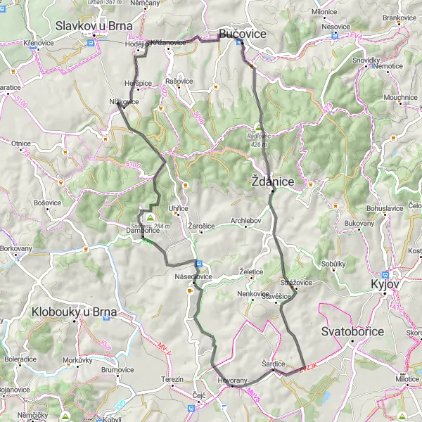 Miniaturní mapa "Relativně středně náročný okruh kolem Šardic" inspirace pro cyklisty v oblasti Jihovýchod, Czech Republic. Vytvořeno pomocí plánovače tras Tarmacs.app