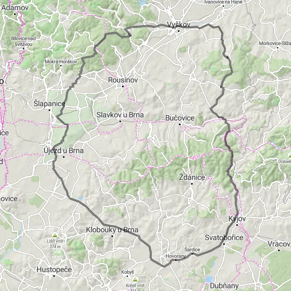 Map miniature of "Šardice - Krumvíř - Větrník - Pracký kopec - Prace - Tvarožná - Ostatečná hora - Orlovice - Snovídky - Svatobořice - Šardice" cycling inspiration in Jihovýchod, Czech Republic. Generated by Tarmacs.app cycling route planner