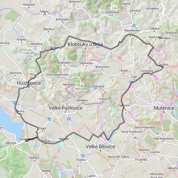 Miniaturní mapa "Okruh na silnici kolem Šardic" inspirace pro cyklisty v oblasti Jihovýchod, Czech Republic. Vytvořeno pomocí plánovače tras Tarmacs.app