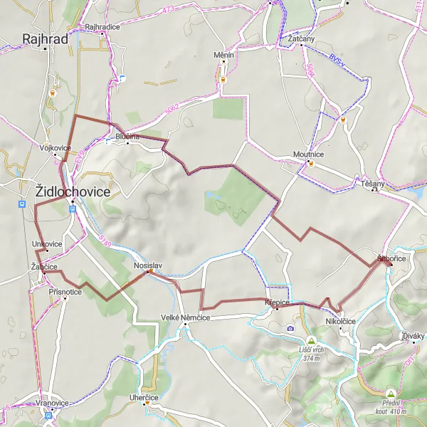 Mapa miniatúra "Pokračujte v cyklistickom dobrodružstve okolo Šitbořic" cyklistická inšpirácia v Jihovýchod, Czech Republic. Vygenerované cyklistickým plánovačom trás Tarmacs.app