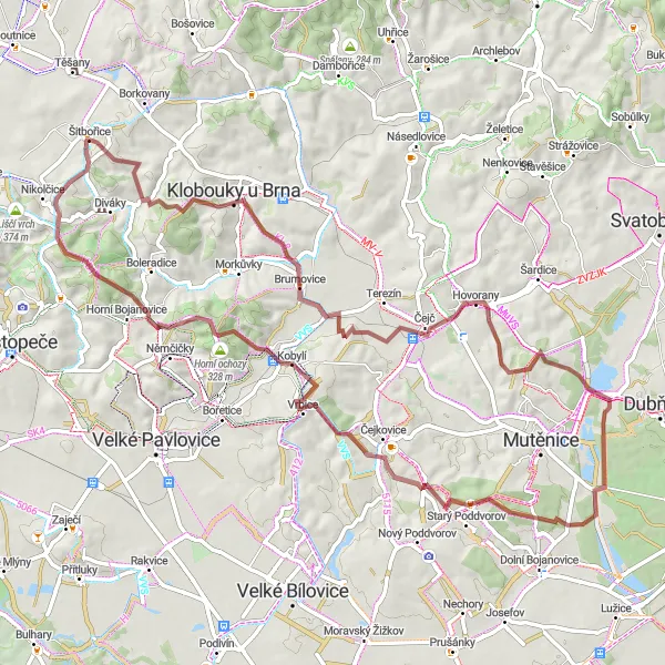 Miniaturní mapa "Gravel Okolo Vrbice a Holého vrchu" inspirace pro cyklisty v oblasti Jihovýchod, Czech Republic. Vytvořeno pomocí plánovače tras Tarmacs.app