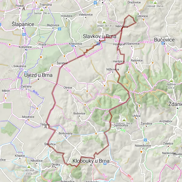 Map miniature of "Gravel Adventure through Šaratice and Větrník" cycling inspiration in Jihovýchod, Czech Republic. Generated by Tarmacs.app cycling route planner