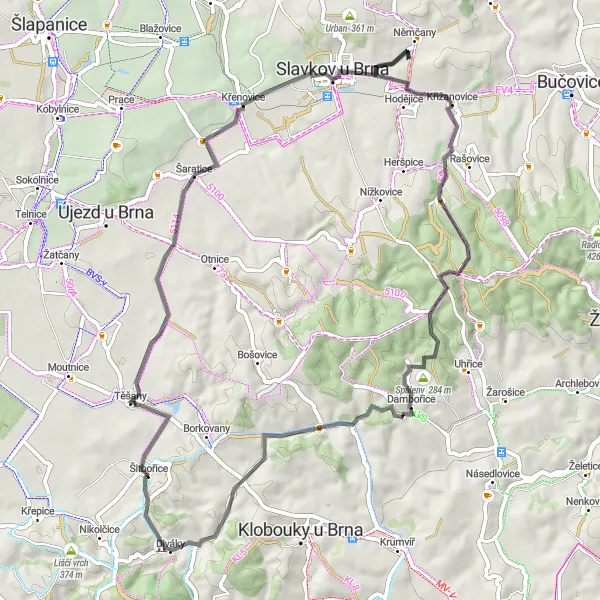 Mapa miniatúra "Okružní cesta přes Němčany a Diváky" cyklistická inšpirácia v Jihovýchod, Czech Republic. Vygenerované cyklistickým plánovačom trás Tarmacs.app