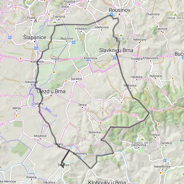Miniaturní mapa "Cyklistický okruh kolem Šitbořic" inspirace pro cyklisty v oblasti Jihovýchod, Czech Republic. Vytvořeno pomocí plánovače tras Tarmacs.app