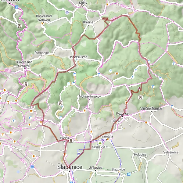 Map miniature of "Hády and Vildenberk Gravel Adventure" cycling inspiration in Jihovýchod, Czech Republic. Generated by Tarmacs.app cycling route planner