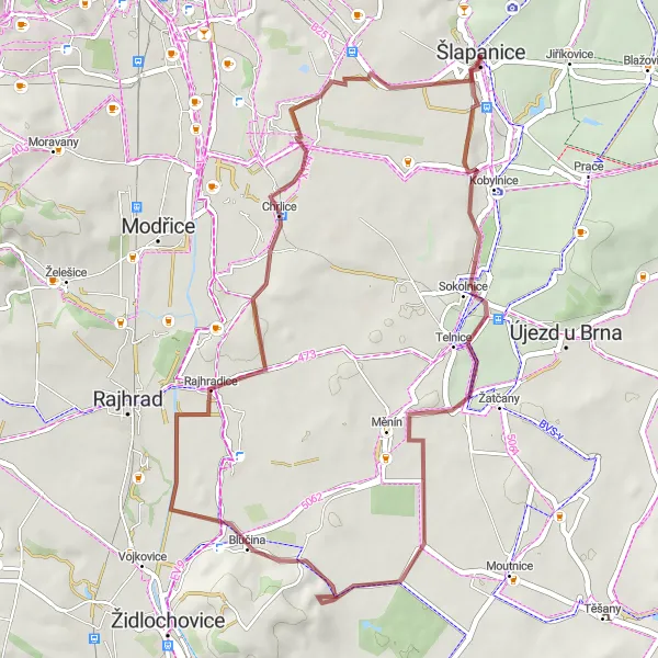 Mapa miniatúra "Zelený okruh kolem Šlapanic" cyklistická inšpirácia v Jihovýchod, Czech Republic. Vygenerované cyklistickým plánovačom trás Tarmacs.app