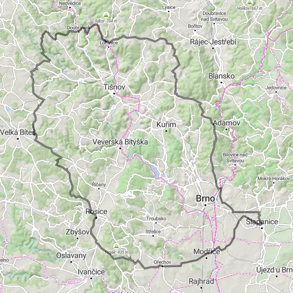 Map miniature of "The Želešice Loop" cycling inspiration in Jihovýchod, Czech Republic. Generated by Tarmacs.app cycling route planner