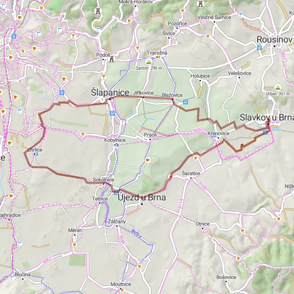 Miniaturní mapa "Gravel Tour Zbýšov - Stará hora - Tuřany - Blažovice" inspirace pro cyklisty v oblasti Jihovýchod, Czech Republic. Vytvořeno pomocí plánovače tras Tarmacs.app