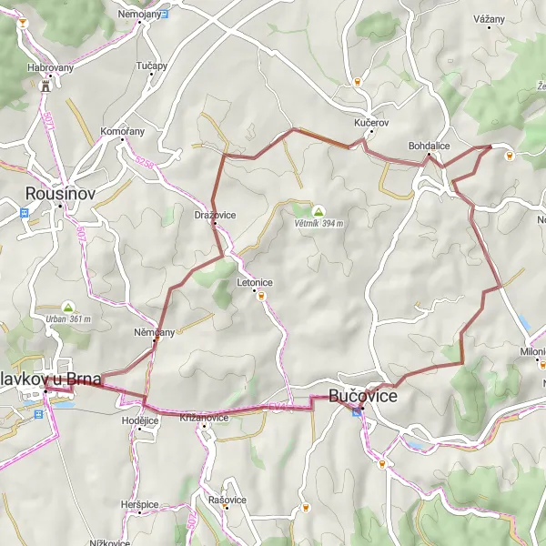 Miniaturní mapa "Gravelová cesta kolem Slavkova u Brna" inspirace pro cyklisty v oblasti Jihovýchod, Czech Republic. Vytvořeno pomocí plánovače tras Tarmacs.app