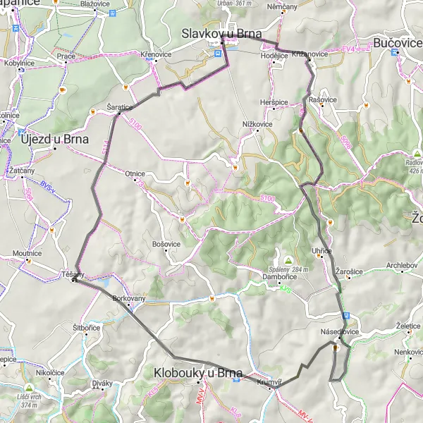 Miniaturní mapa "Cyklotrasa Zámek Slavkov - Šaratice" inspirace pro cyklisty v oblasti Jihovýchod, Czech Republic. Vytvořeno pomocí plánovače tras Tarmacs.app