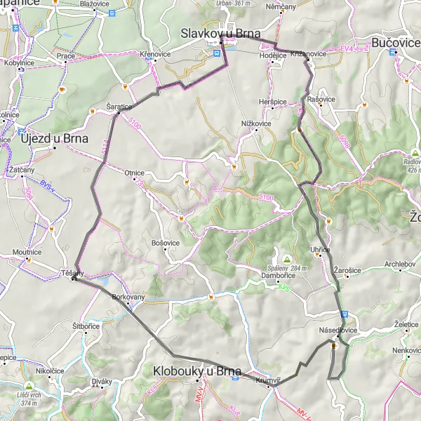 Mapa miniatúra "Jazda po okolí Slavkova" cyklistická inšpirácia v Jihovýchod, Czech Republic. Vygenerované cyklistickým plánovačom trás Tarmacs.app