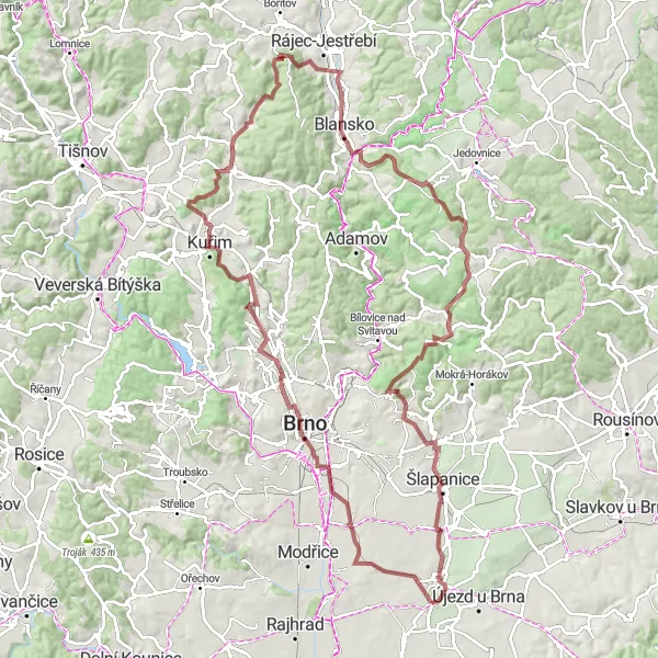 Miniaturní mapa "Gravelová cyklotrasa s výhledy" inspirace pro cyklisty v oblasti Jihovýchod, Czech Republic. Vytvořeno pomocí plánovače tras Tarmacs.app