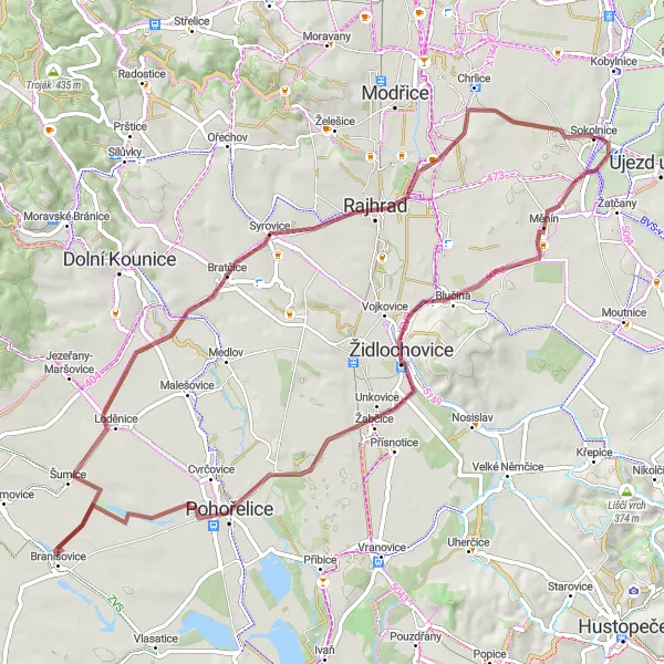 Mapa miniatúra "Okruh kolem Sokolnic" cyklistická inšpirácia v Jihovýchod, Czech Republic. Vygenerované cyklistickým plánovačom trás Tarmacs.app