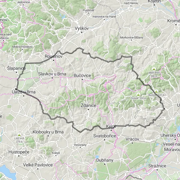 Mapa miniatúra "Road v okolí Sokolnic" cyklistická inšpirácia v Jihovýchod, Czech Republic. Vygenerované cyklistickým plánovačom trás Tarmacs.app