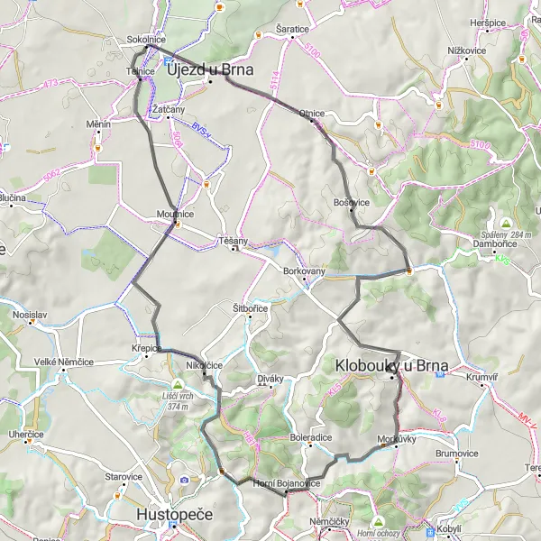 Miniaturní mapa "Cyklistická trasa kolem Klobouků u Brna" inspirace pro cyklisty v oblasti Jihovýchod, Czech Republic. Vytvořeno pomocí plánovače tras Tarmacs.app