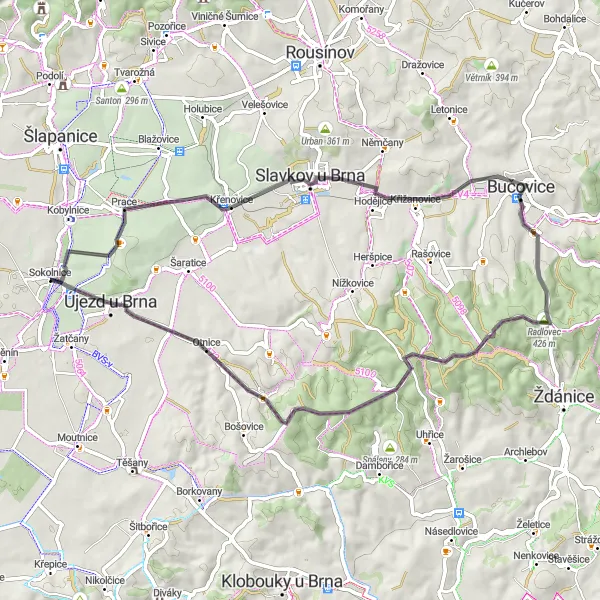 Mapa miniatúra "Malebný okruh s historickými skvosty" cyklistická inšpirácia v Jihovýchod, Czech Republic. Vygenerované cyklistickým plánovačom trás Tarmacs.app