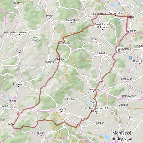 Miniaturní mapa "Kolem Stařeče na gravelu" inspirace pro cyklisty v oblasti Jihovýchod, Czech Republic. Vytvořeno pomocí plánovače tras Tarmacs.app