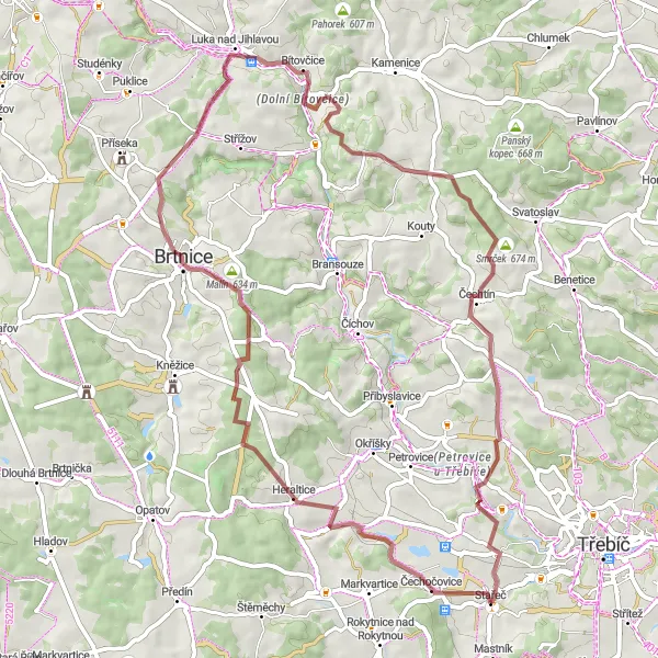 Miniaturní mapa "Cyklotrasa kolem Stařeče" inspirace pro cyklisty v oblasti Jihovýchod, Czech Republic. Vytvořeno pomocí plánovače tras Tarmacs.app