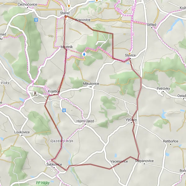 Miniaturní mapa "Gravelová trasa k Stařeči" inspirace pro cyklisty v oblasti Jihovýchod, Czech Republic. Vytvořeno pomocí plánovače tras Tarmacs.app