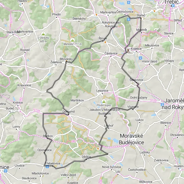 Miniaturní mapa "Cyklistická cesta Stařeč - Rokytnice nad Rokytnou" inspirace pro cyklisty v oblasti Jihovýchod, Czech Republic. Vytvořeno pomocí plánovače tras Tarmacs.app