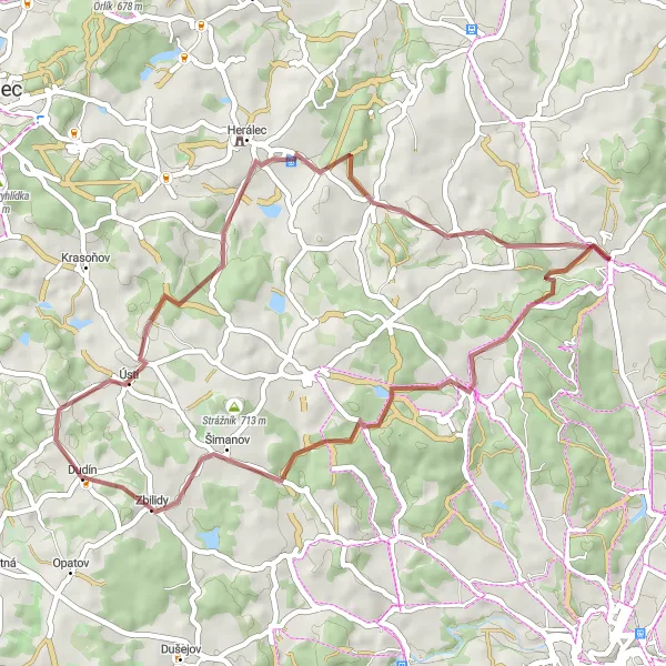 Map miniature of "Adventurous Gravel Route to Borový vrch" cycling inspiration in Jihovýchod, Czech Republic. Generated by Tarmacs.app cycling route planner