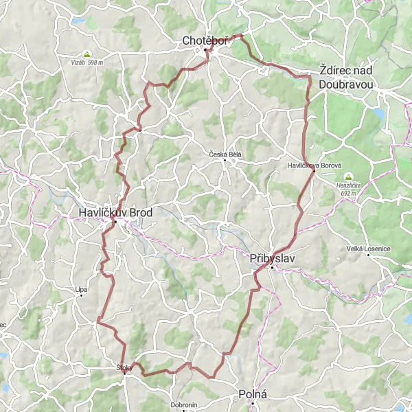 Miniaturní mapa "Gravel Štoky - Vysočina loop" inspirace pro cyklisty v oblasti Jihovýchod, Czech Republic. Vytvořeno pomocí plánovače tras Tarmacs.app