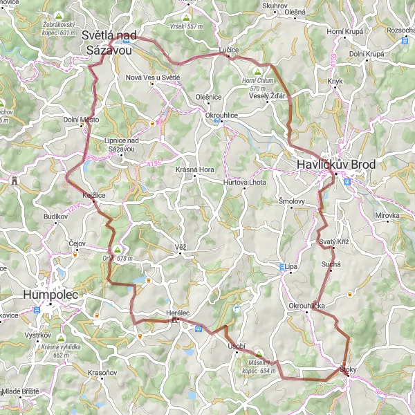 Miniaturní mapa "Vysočina Gravel Tour" inspirace pro cyklisty v oblasti Jihovýchod, Czech Republic. Vytvořeno pomocí plánovače tras Tarmacs.app