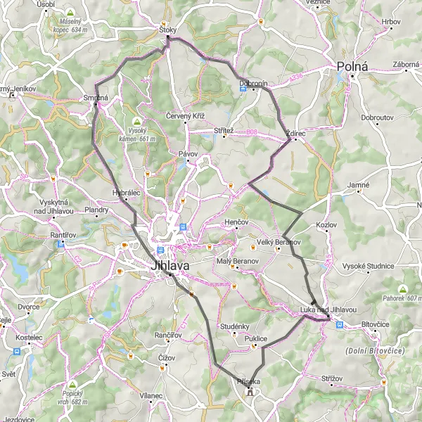 Miniaturní mapa "Okruh kolem Štoků a přírody" inspirace pro cyklisty v oblasti Jihovýchod, Czech Republic. Vytvořeno pomocí plánovače tras Tarmacs.app