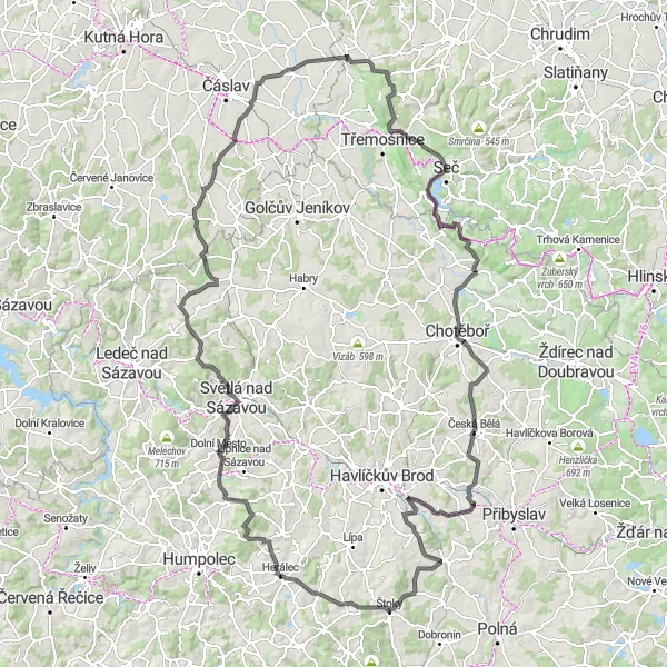 Map miniature of "The Bohemian Highlands Epic" cycling inspiration in Jihovýchod, Czech Republic. Generated by Tarmacs.app cycling route planner