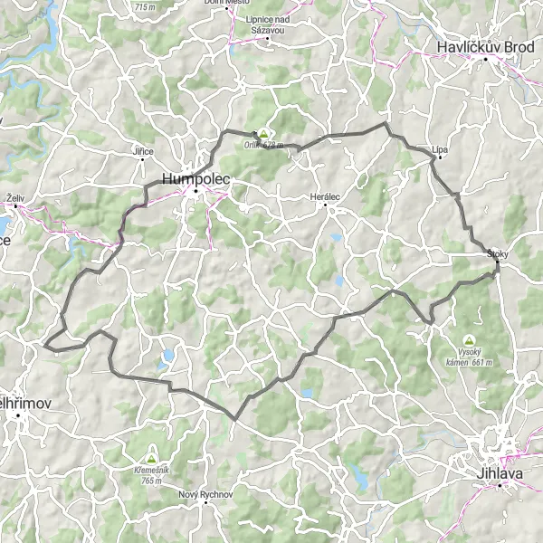 Map miniature of "Countryside Charm" cycling inspiration in Jihovýchod, Czech Republic. Generated by Tarmacs.app cycling route planner