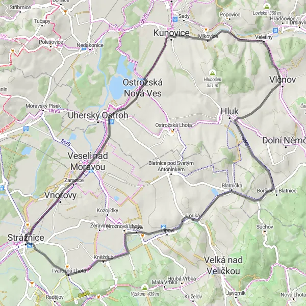 Mapa miniatúra "Okolo Strážnice a Vnorov" cyklistická inšpirácia v Jihovýchod, Czech Republic. Vygenerované cyklistickým plánovačom trás Tarmacs.app