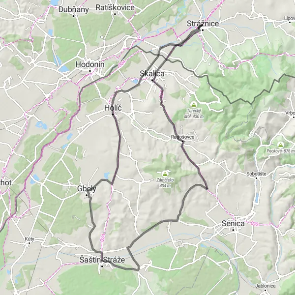 Karten-Miniaturansicht der Radinspiration "Rundfahrt um Strážnice" in Jihovýchod, Czech Republic. Erstellt vom Tarmacs.app-Routenplaner für Radtouren