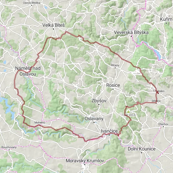 Map miniature of "Troubsko to Tribuna Gravel Adventure" cycling inspiration in Jihovýchod, Czech Republic. Generated by Tarmacs.app cycling route planner