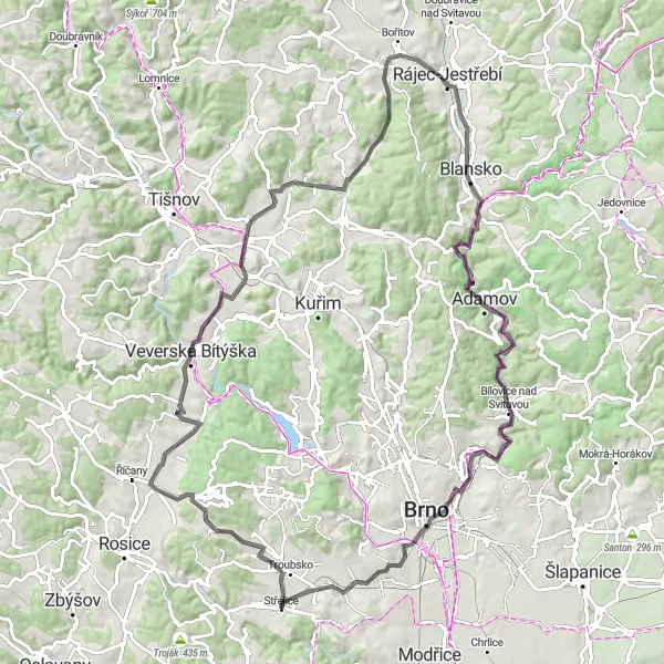 Map miniature of "Popůvky to Ostopovice Loop" cycling inspiration in Jihovýchod, Czech Republic. Generated by Tarmacs.app cycling route planner