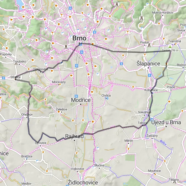 Map miniature of "Přední hora to Rajhrad Loop" cycling inspiration in Jihovýchod, Czech Republic. Generated by Tarmacs.app cycling route planner