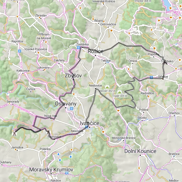 Map miniature of "Střelice and Surrounding Hills" cycling inspiration in Jihovýchod, Czech Republic. Generated by Tarmacs.app cycling route planner
