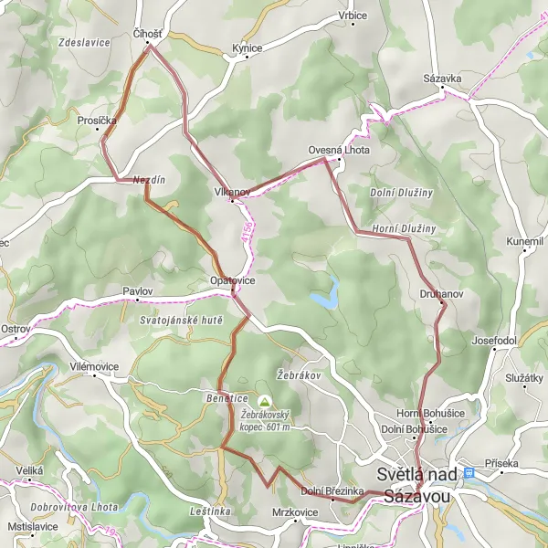 Miniaturní mapa "Gravelová procházka podél Sázavy" inspirace pro cyklisty v oblasti Jihovýchod, Czech Republic. Vytvořeno pomocí plánovače tras Tarmacs.app