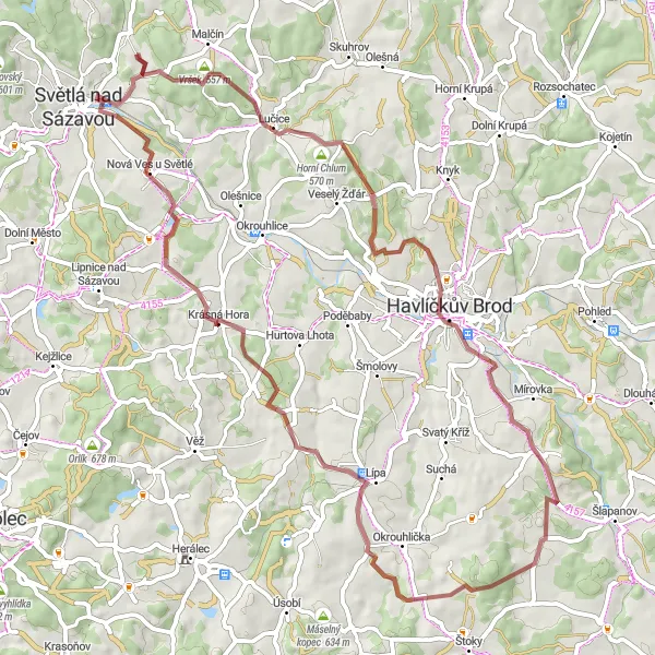 Mapa miniatúra "Gravel Trasa Malá Homole - Příseka" cyklistická inšpirácia v Jihovýchod, Czech Republic. Vygenerované cyklistickým plánovačom trás Tarmacs.app