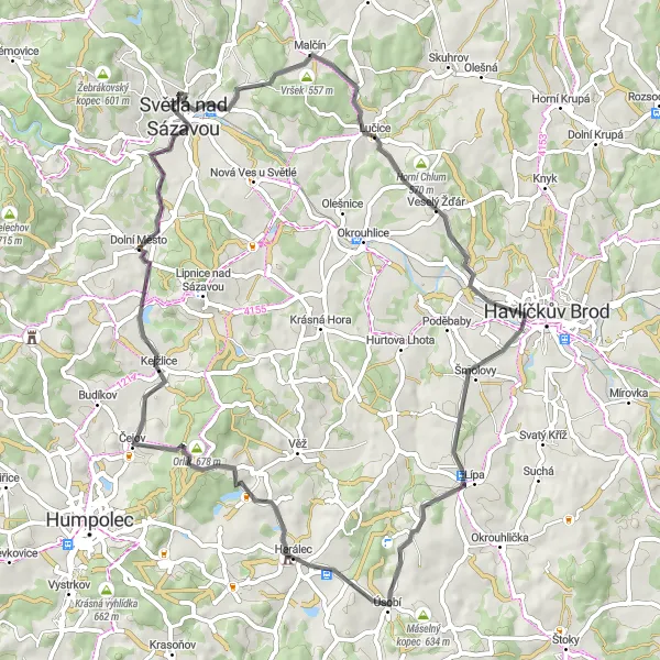 Miniaturní mapa "Okruh okolo Sázavy" inspirace pro cyklisty v oblasti Jihovýchod, Czech Republic. Vytvořeno pomocí plánovače tras Tarmacs.app
