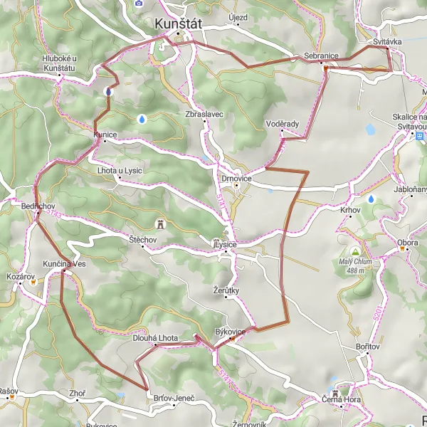 Miniaturní mapa "Okruh kolem Býkovic a Bedřichova" inspirace pro cyklisty v oblasti Jihovýchod, Czech Republic. Vytvořeno pomocí plánovače tras Tarmacs.app