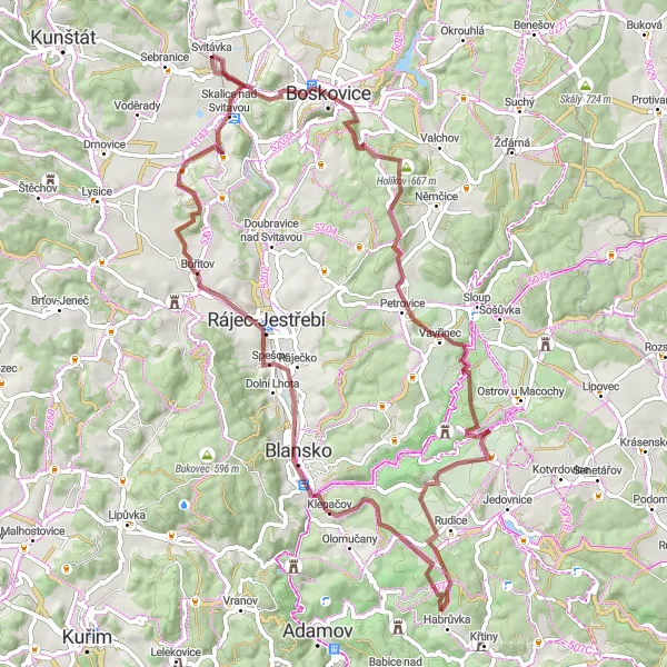 Miniaturní mapa "Cyklotrasa okolo Boskovic a Skalice nad Svitavou" inspirace pro cyklisty v oblasti Jihovýchod, Czech Republic. Vytvořeno pomocí plánovače tras Tarmacs.app