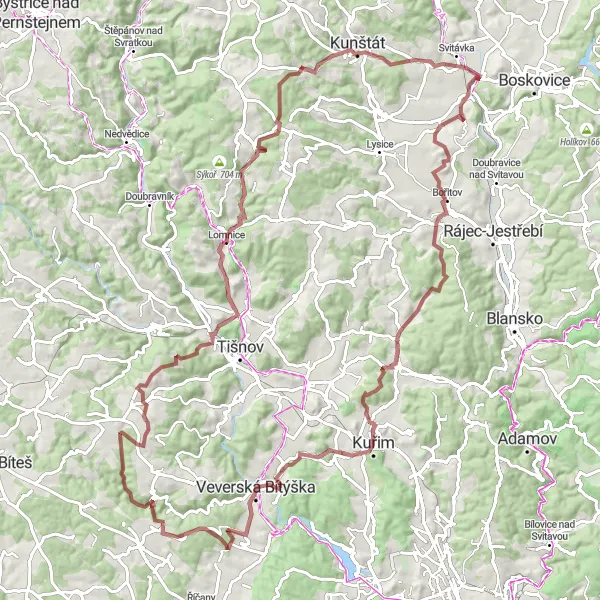 Mapa miniatúra "Gravelová exkurze kolem Svitávky" cyklistická inšpirácia v Jihovýchod, Czech Republic. Vygenerované cyklistickým plánovačom trás Tarmacs.app