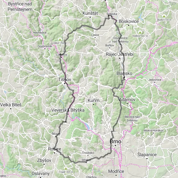 Miniaturní mapa "Cyklovýlet kolem Svitávky" inspirace pro cyklisty v oblasti Jihovýchod, Czech Republic. Vytvořeno pomocí plánovače tras Tarmacs.app