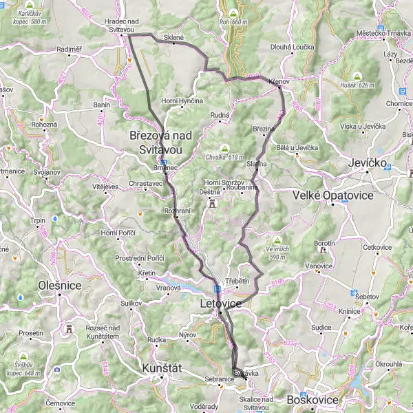Miniaturní mapa "Kolem Lhotského vrcholu a Březové nad Svitavou" inspirace pro cyklisty v oblasti Jihovýchod, Czech Republic. Vytvořeno pomocí plánovače tras Tarmacs.app