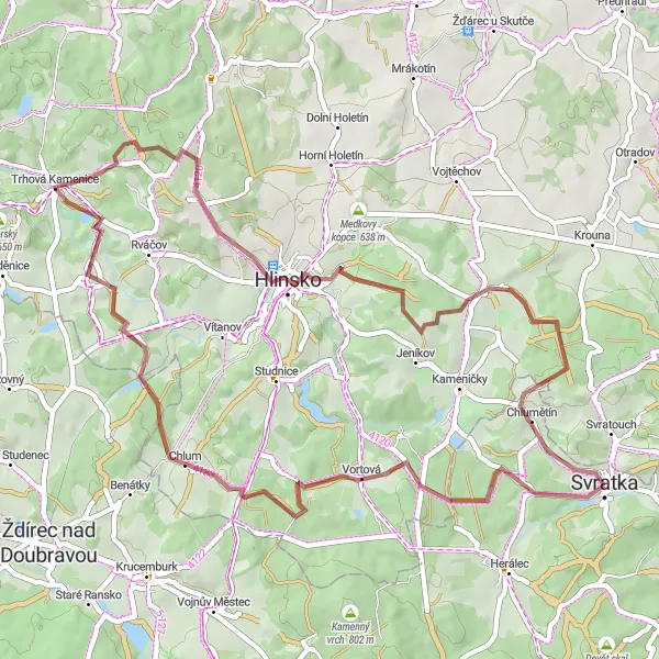 Map miniature of "Kosinov and Pešava Gravel Route" cycling inspiration in Jihovýchod, Czech Republic. Generated by Tarmacs.app cycling route planner