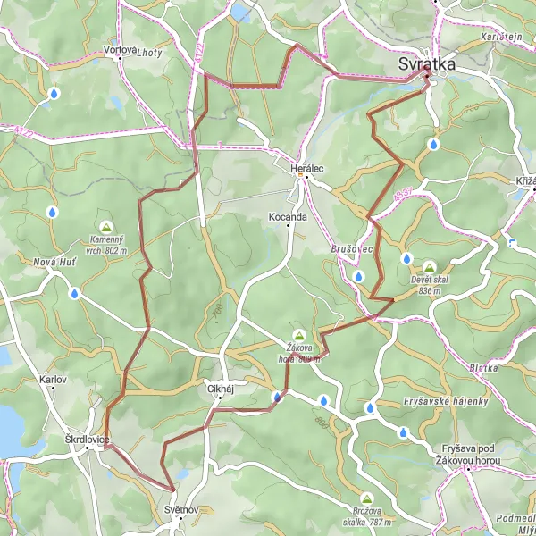 Map miniature of "Žákova Hora and Šindelný Vrch Gravel Loop" cycling inspiration in Jihovýchod, Czech Republic. Generated by Tarmacs.app cycling route planner